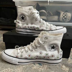 Converse Size 8.5 High Tops with Flowers- White
